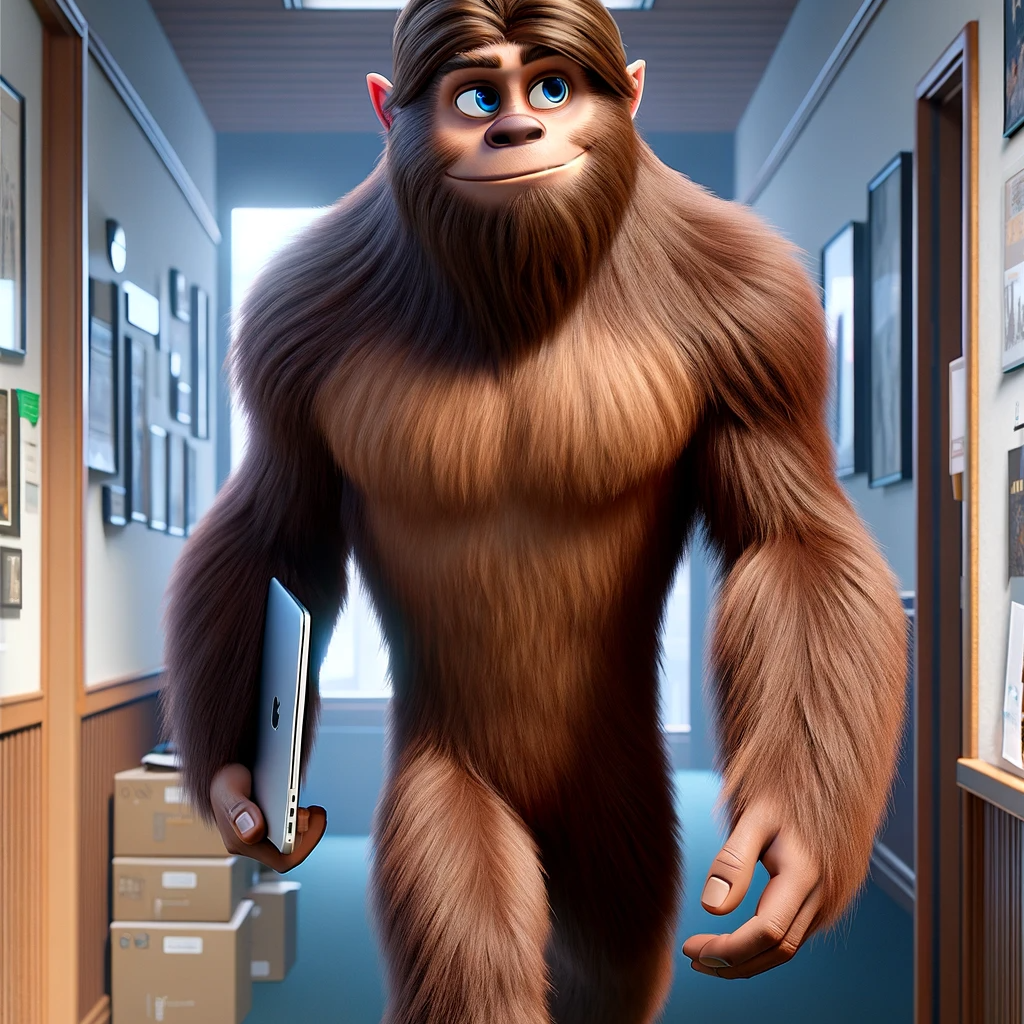 DALL·E 2024-01-23 11.48.42 - Create a detailed image of Murrell, the male Sasquatch character, walking with a laptop under his arm, headed to a meeting. Murrell is portrayed in hi